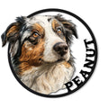 Detailed Australian Shepherd portrait on a circular custom metal sign with bold black border