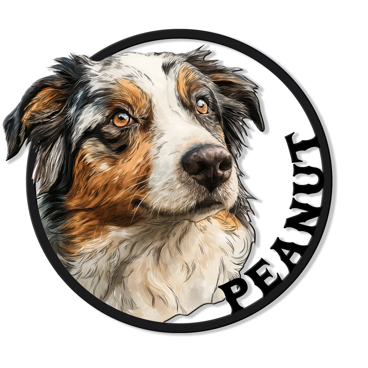 Detailed Australian Shepherd portrait on a circular custom metal sign with bold black border