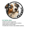 Australian Shepherd portrait cut metal sign shown with indoor and outdoor display features