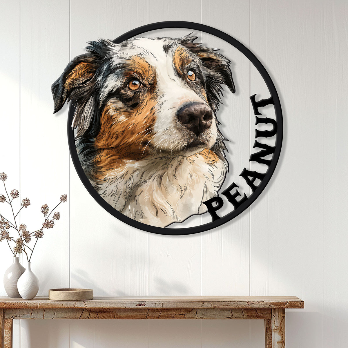 Circular Australian Shepherd metal sign displayed on a bright farmhouse-style entryway wall