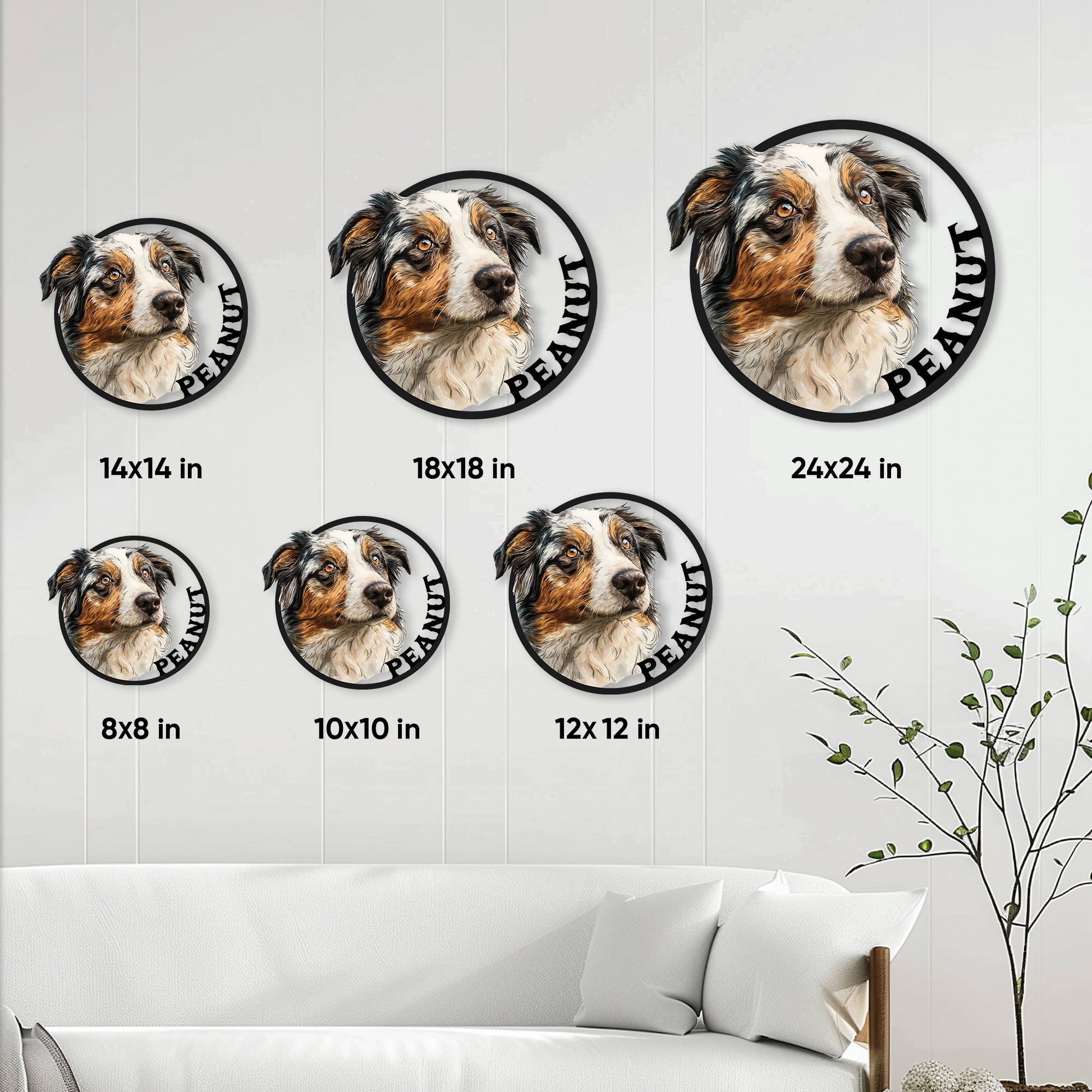Australian Shepherd metal sign size guide showing six round size options from 8 to 24 inches