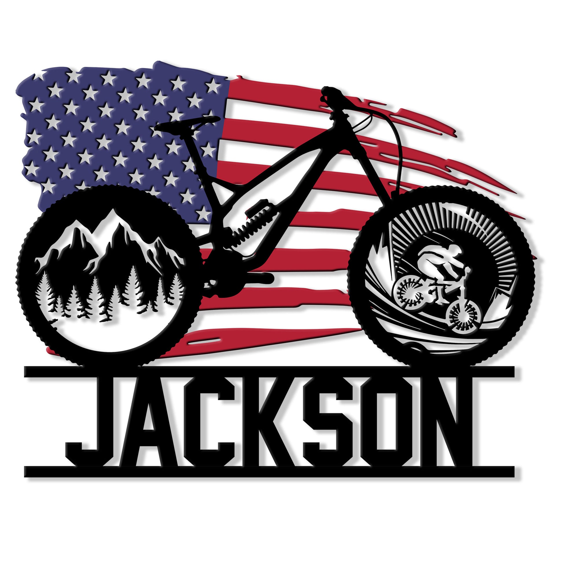 Cyclist metal sign featuring a mountain bike silhouette, American flag design, mountains, and evergreen trees