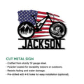 Cycling metal sign feature graphic showing an American flag mountain bike design and product presentation details