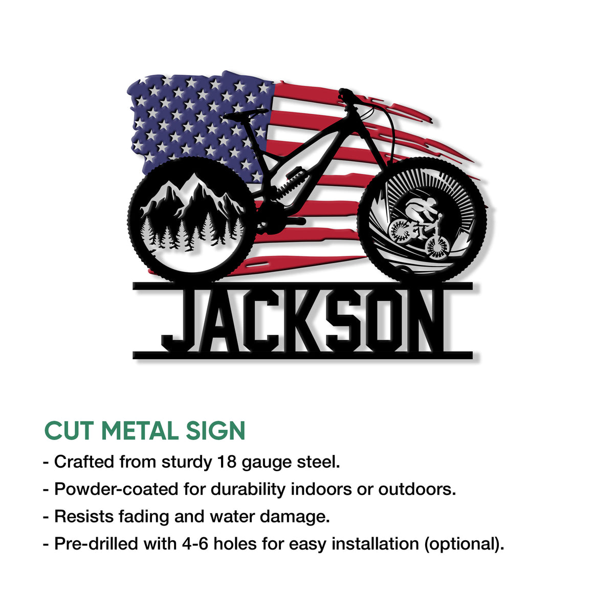 Cycling metal sign feature graphic showing an American flag mountain bike design and product presentation details