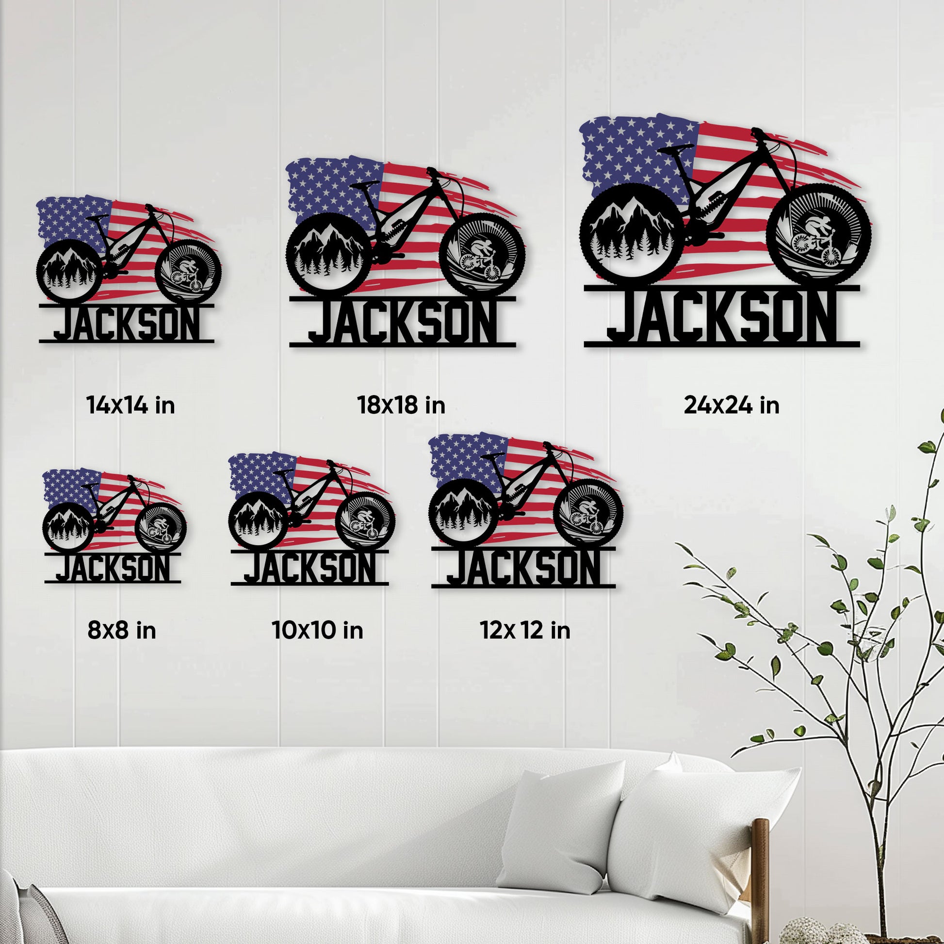 Cyclist metal sign size guide showing multiple size options displayed on a paneled wall