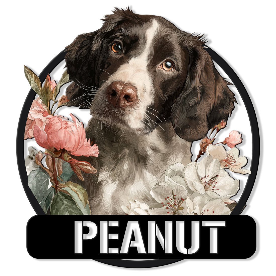 English Springer Spaniel metal sign with a detailed portrait framed by pink and white flowers