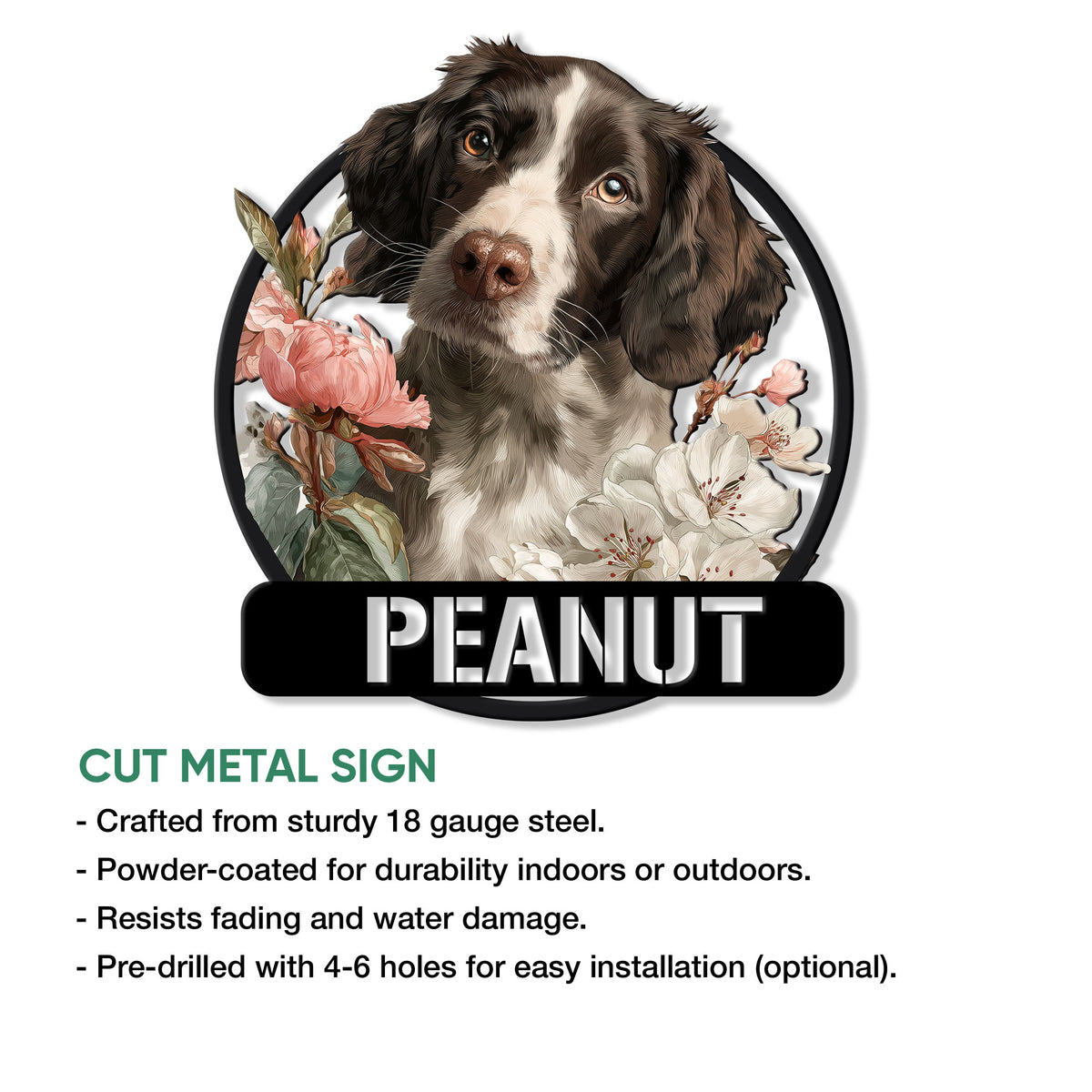 Cut metal English Springer Spaniel sign featuring a floral dog portrait and rounded black frame