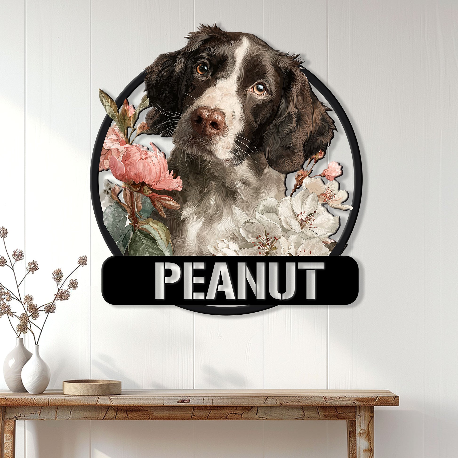 Floral English Springer Spaniel metal wall sign displayed on a bright home entryway console