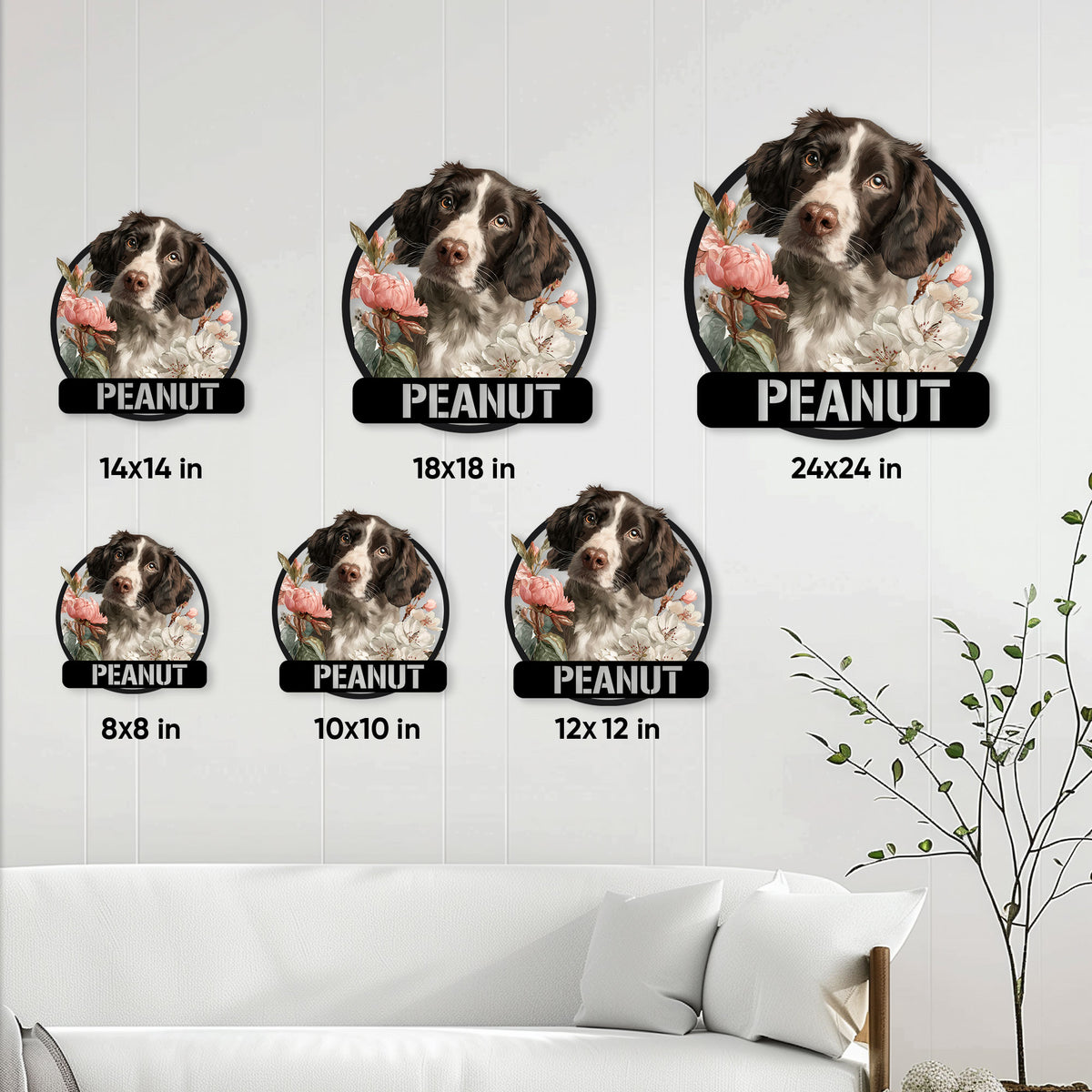 English Springer Spaniel metal sign size guide showing six available square size options