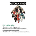 Native American feather metal sign feature graphic showing cut steel construction and installation details
