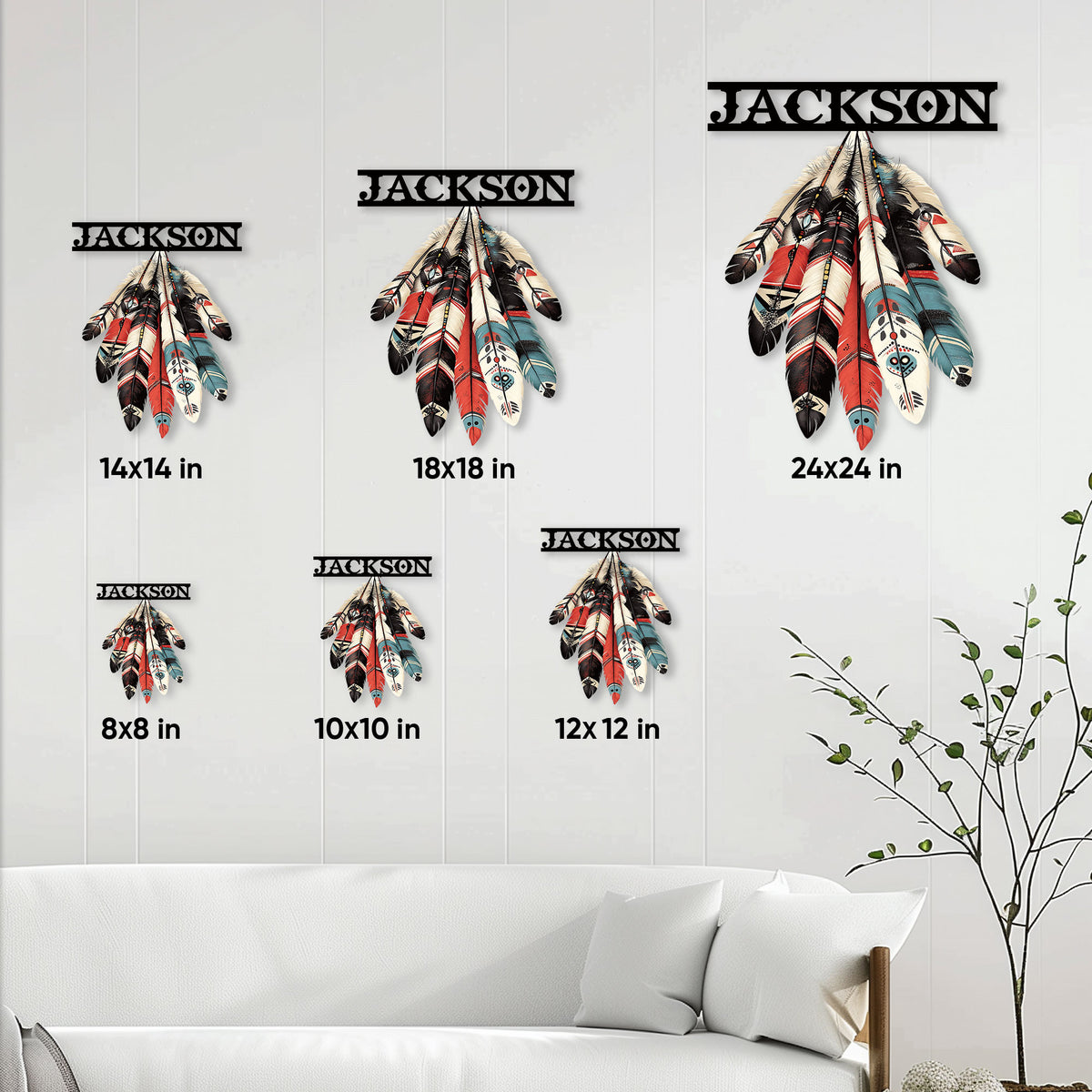Native American feather metal sign size guide showing six available square size options