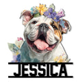 Floral English Bulldog metal sign featuring a cheerful bulldog portrait surrounded by colorful watercolor flowers