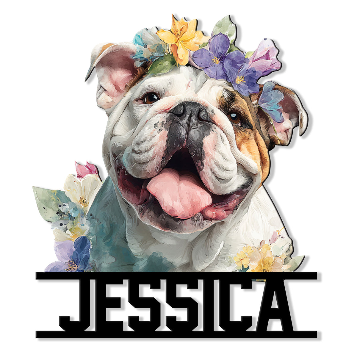 Floral English Bulldog metal sign featuring a cheerful bulldog portrait surrounded by colorful watercolor flowers