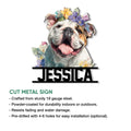 Cut metal English Bulldog sign with a bright floral portrait design shown in a product feature graphic