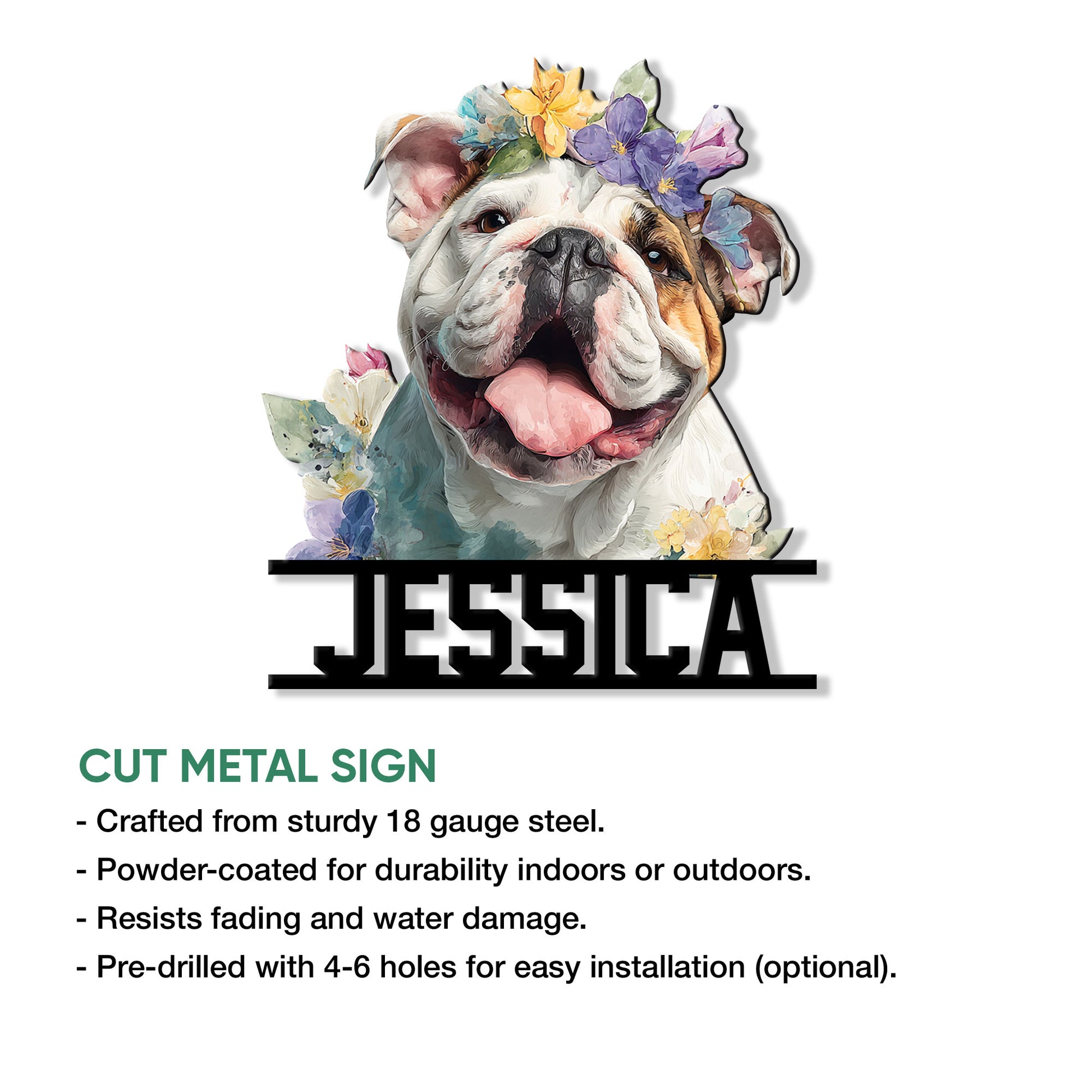 Cut metal English Bulldog sign with a bright floral portrait design shown in a product feature graphic