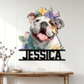 Floral English Bulldog metal wall sign displayed on a light paneled wall above a console table
