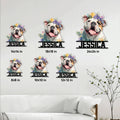 English Bulldog metal sign size guide showing six available square size options in a living room setting