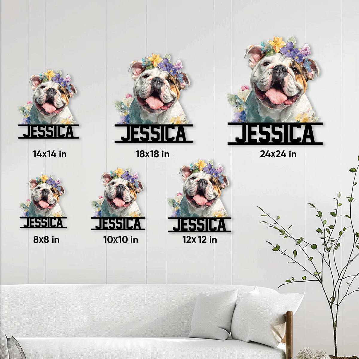 English Bulldog metal sign size guide showing six available square size options in a living room setting