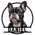 Close-up French Bulldog portrait metal sign with a black circular frame and bold lower bar