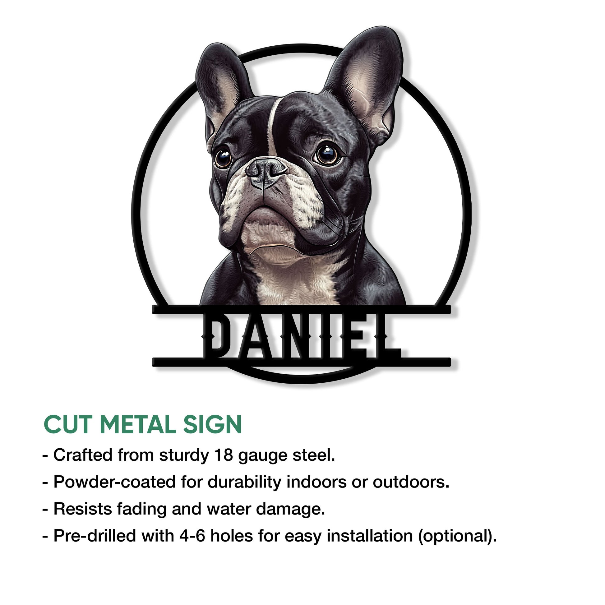 French Bulldog metal sign feature graphic showing the portrait design and cut-metal construction