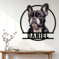 French Bulldog wall sign displayed above a console table in a bright modern home