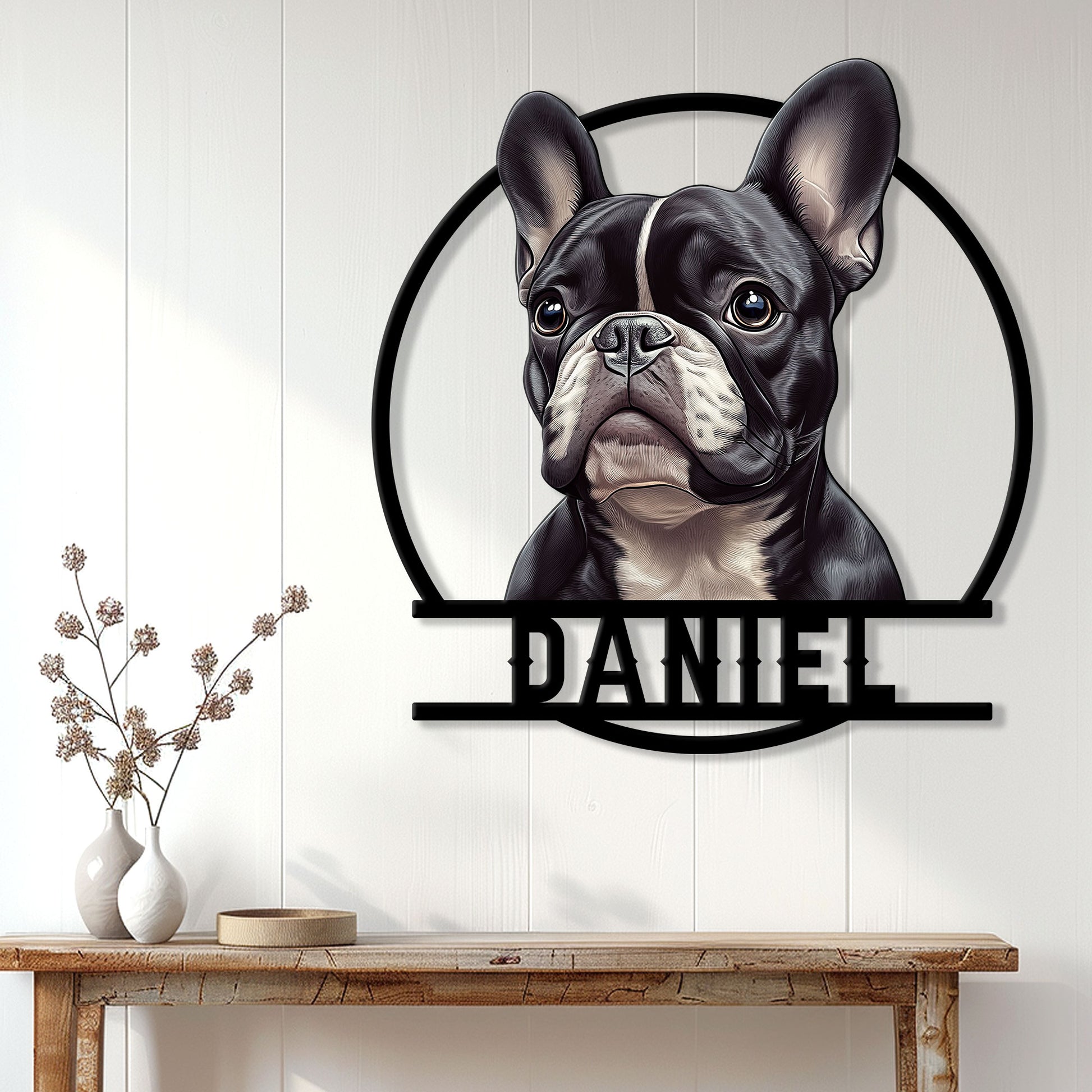 French Bulldog wall sign displayed above a console table in a bright modern home