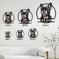 French Bulldog metal sign size guide showing six square size options in a living room setting