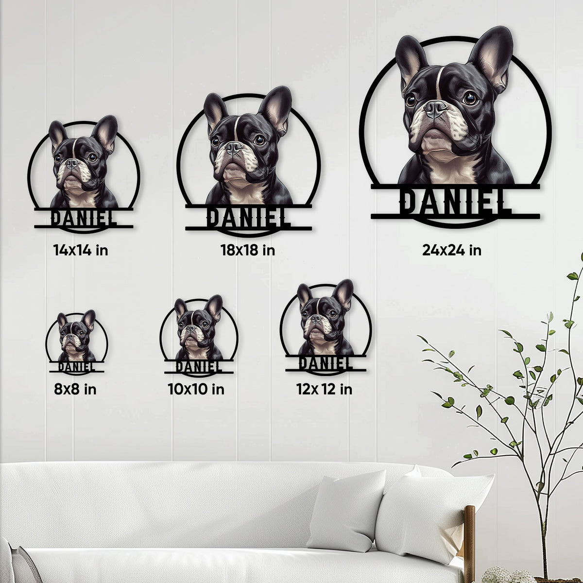 French Bulldog metal sign size guide showing six square size options in a living room setting
