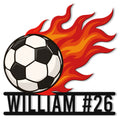 Custom soccer metal sign featuring a flaming black-and-white soccer ball and bold athletic wall decor