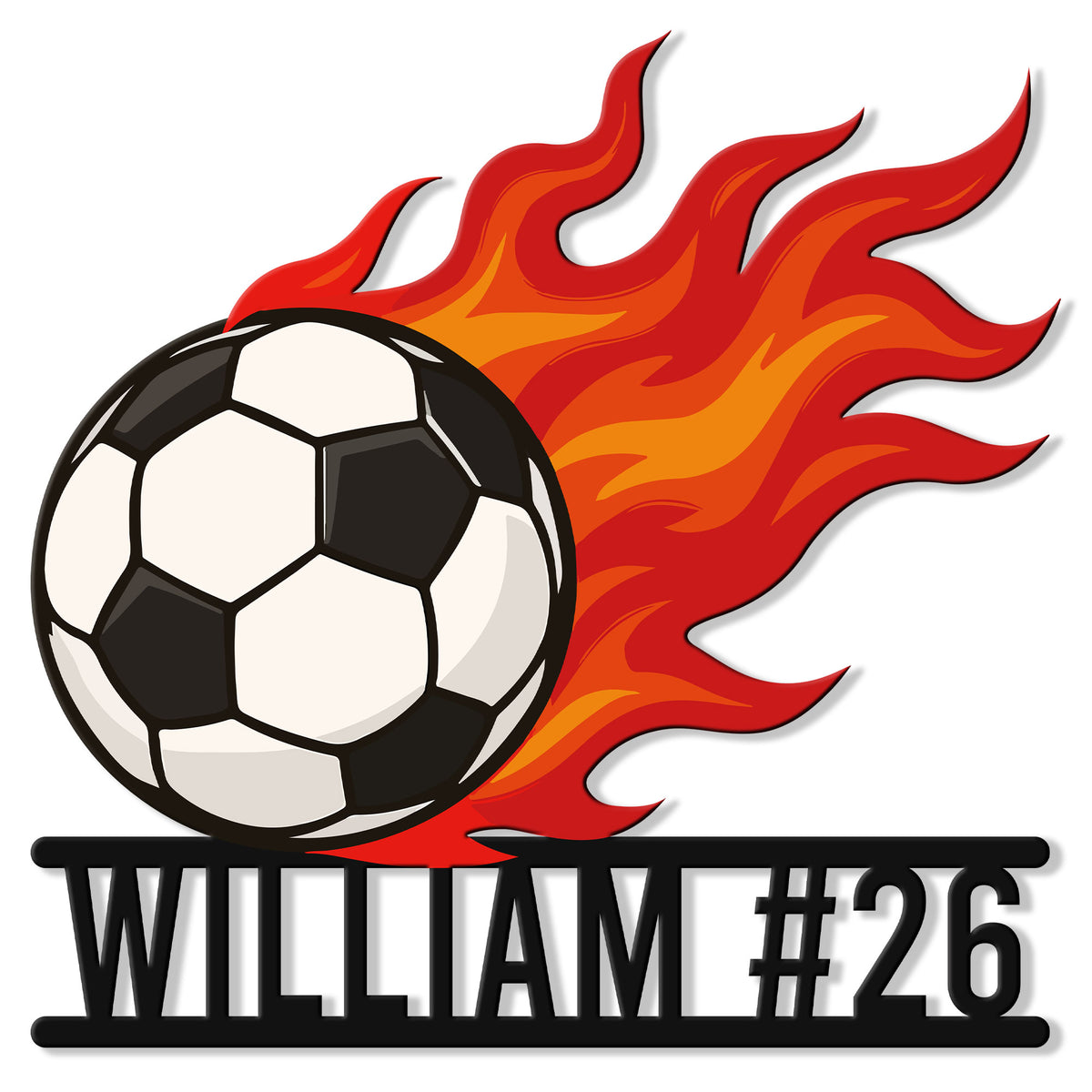 Custom soccer metal sign featuring a flaming black-and-white soccer ball and bold athletic wall decor