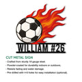 Soccer metal sign feature graphic showing a flaming ball design and cut steel sign presentation