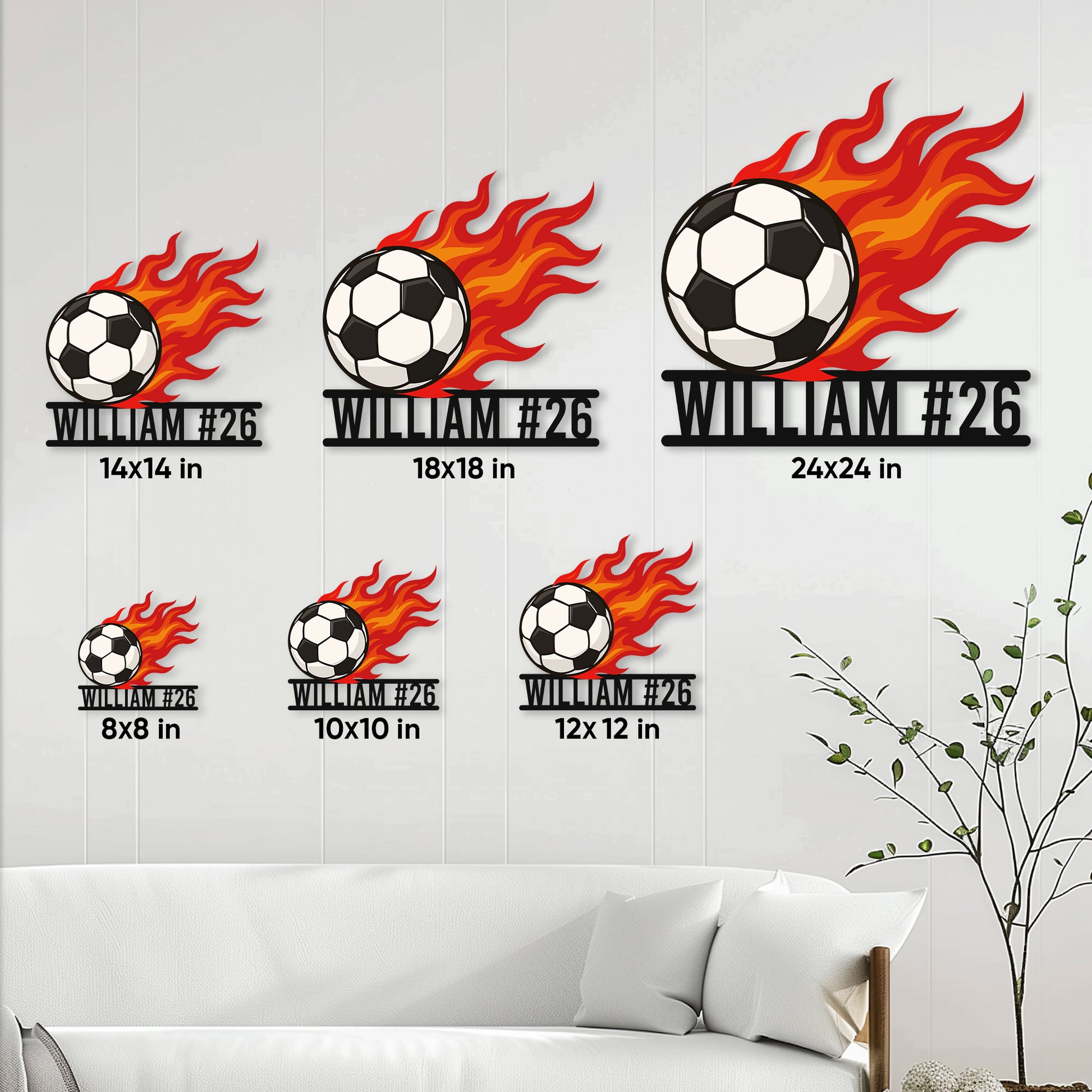 Soccer metal sign size guide showing available square sizes from 8 by 8 to 24 by 24 inches