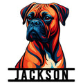 Colorful stylized Boxer dog portrait metal sign with bold black framing for dog lover wall decor