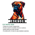 Cut metal Boxer dog sign featuring a vivid illustrated portrait and bold lower display lettering