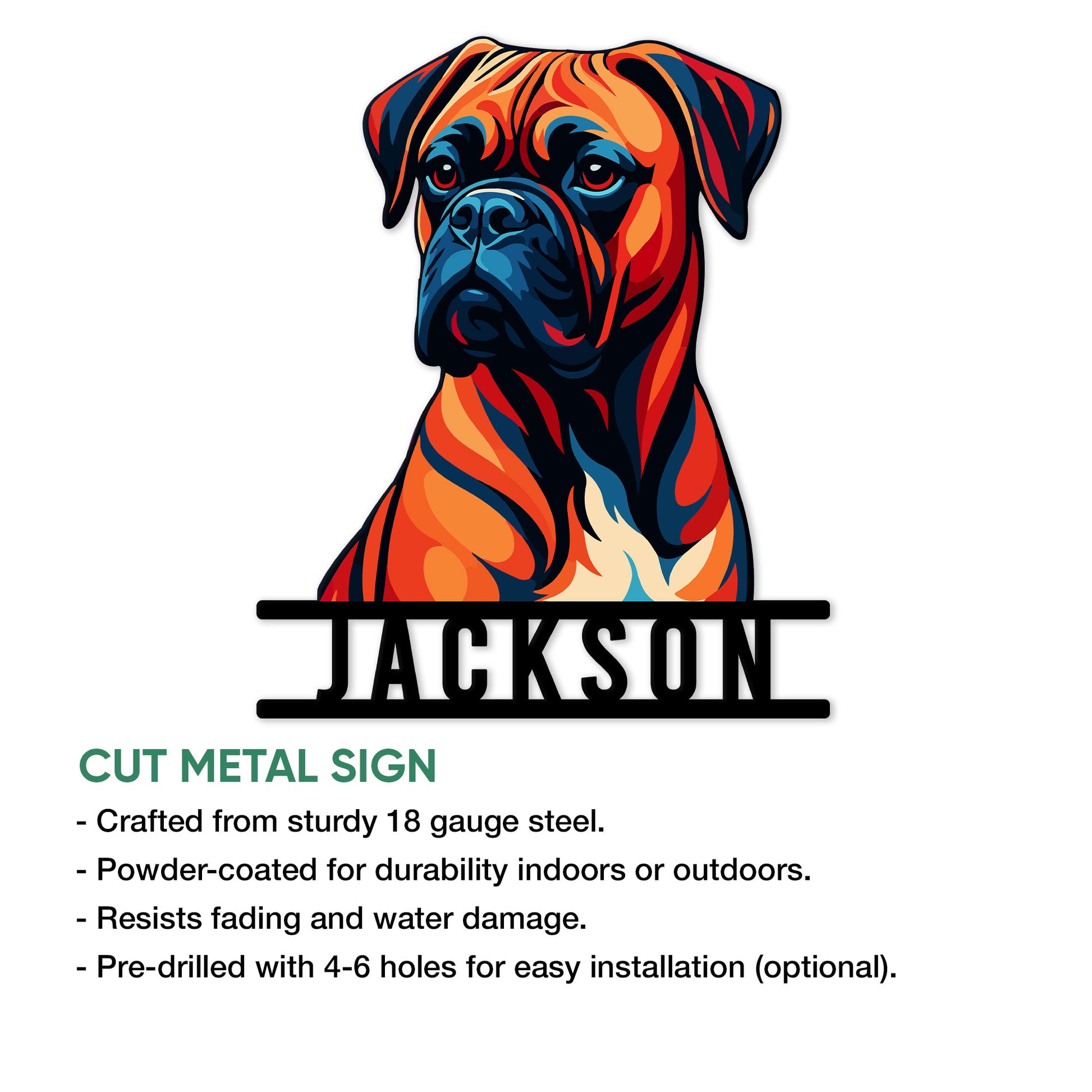 Cut metal Boxer dog sign featuring a vivid illustrated portrait and bold lower display lettering