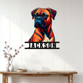 Custom Boxer dog metal sign displayed on a light paneled wall above a wood console table