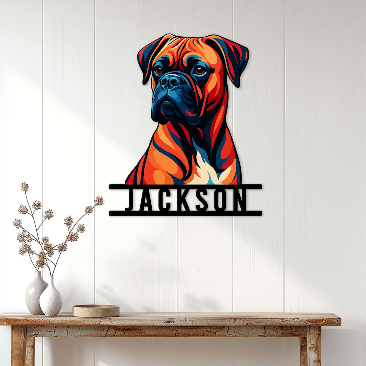 Custom Boxer dog metal sign displayed on a light paneled wall above a wood console table