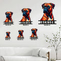 Boxer dog metal sign size guide showing six available dimensions from 8 by 8 to 24 by 24 inches