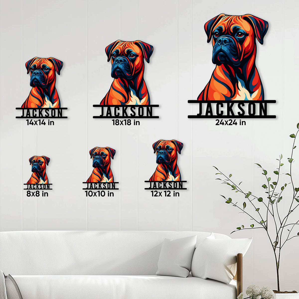 Boxer dog metal sign size guide showing six available dimensions from 8 by 8 to 24 by 24 inches