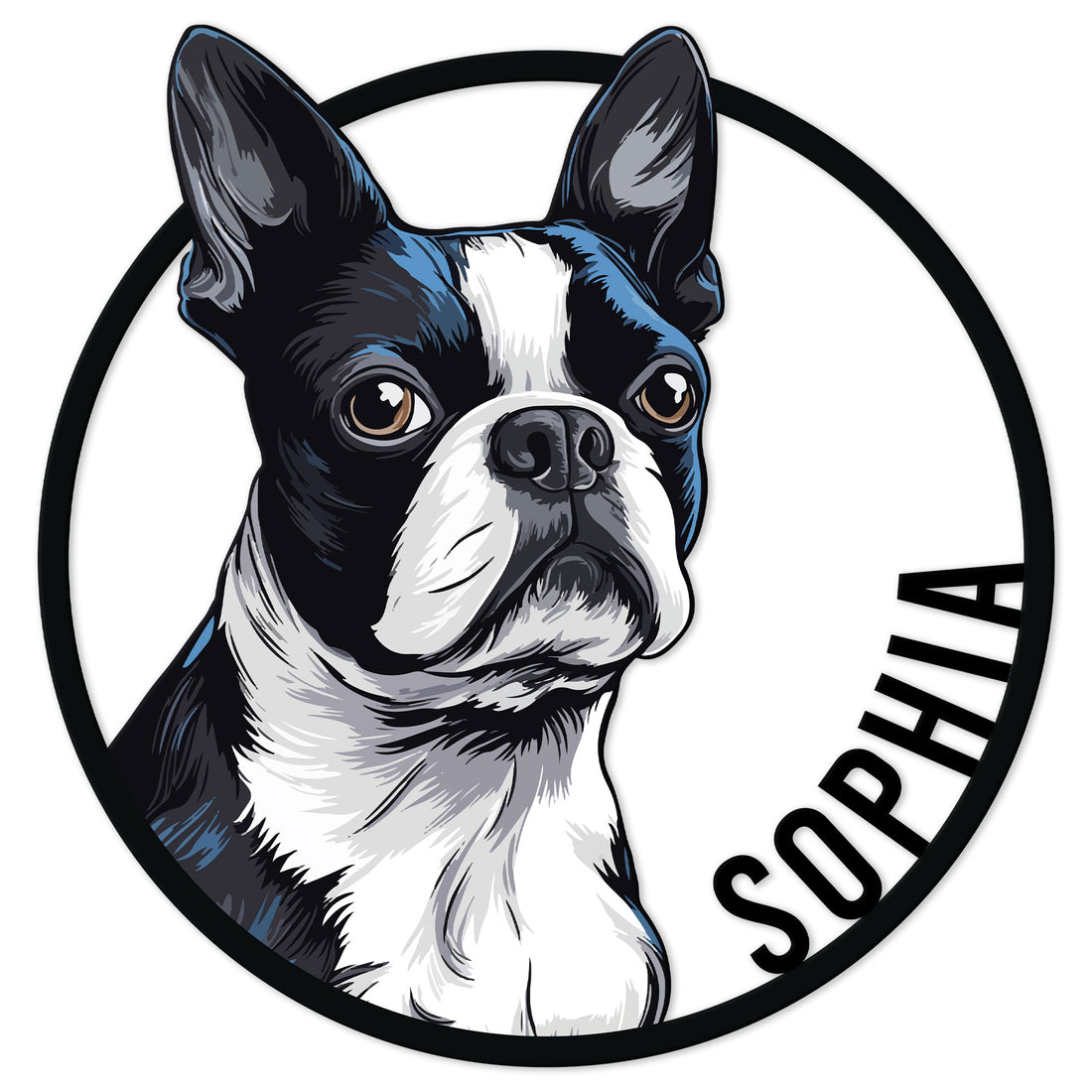 Bold Boston Terrier portrait metal sign in a circular frame with blue, black, and white graphic shading