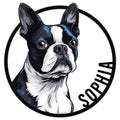 Bold Boston Terrier portrait metal sign in a circular frame with blue, black, and white graphic shading