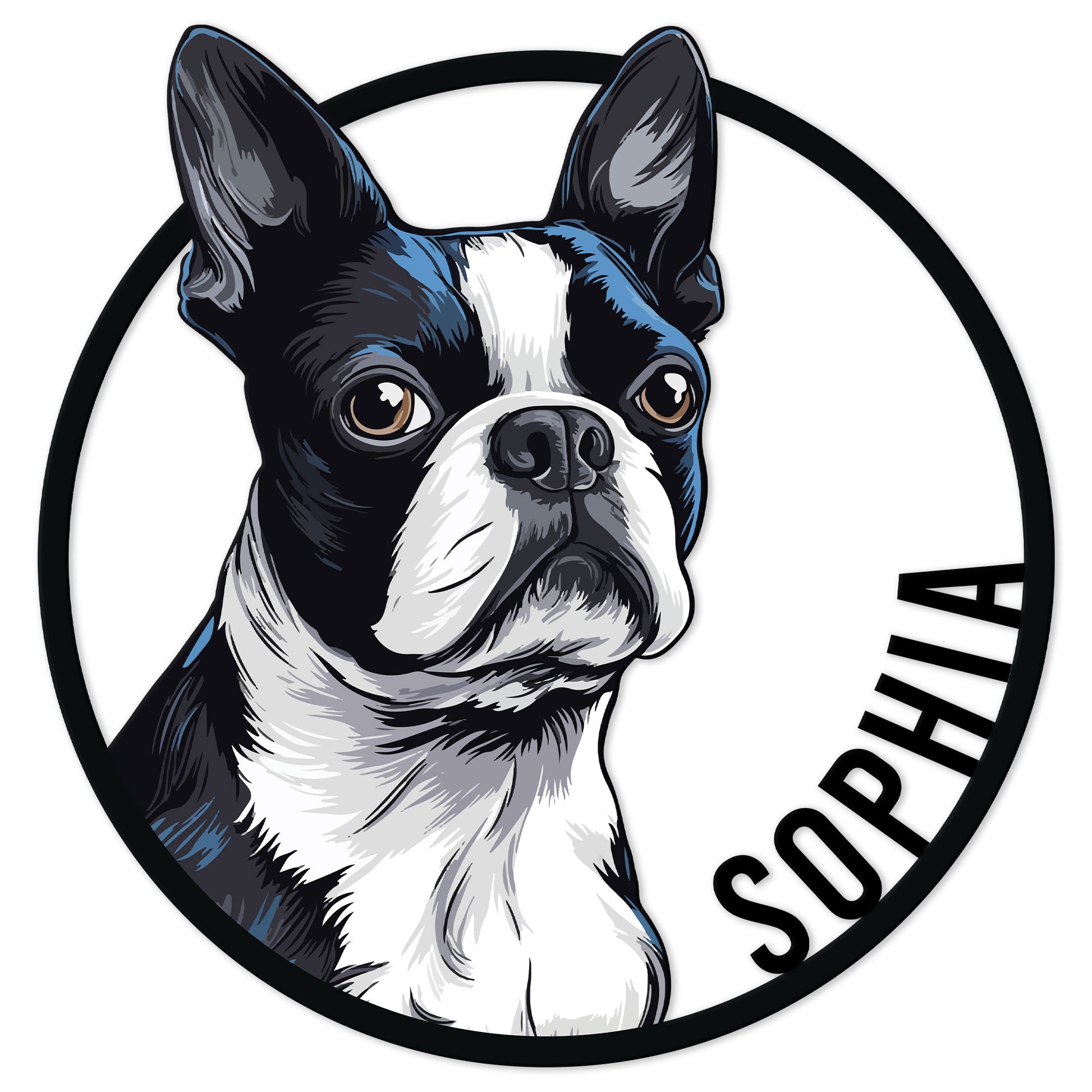 Bold Boston Terrier portrait metal sign in a circular frame with blue, black, and white graphic shading