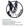 Boston Terrier cut metal sign feature graphic showing steel construction, powder coating, and optional mounting holes