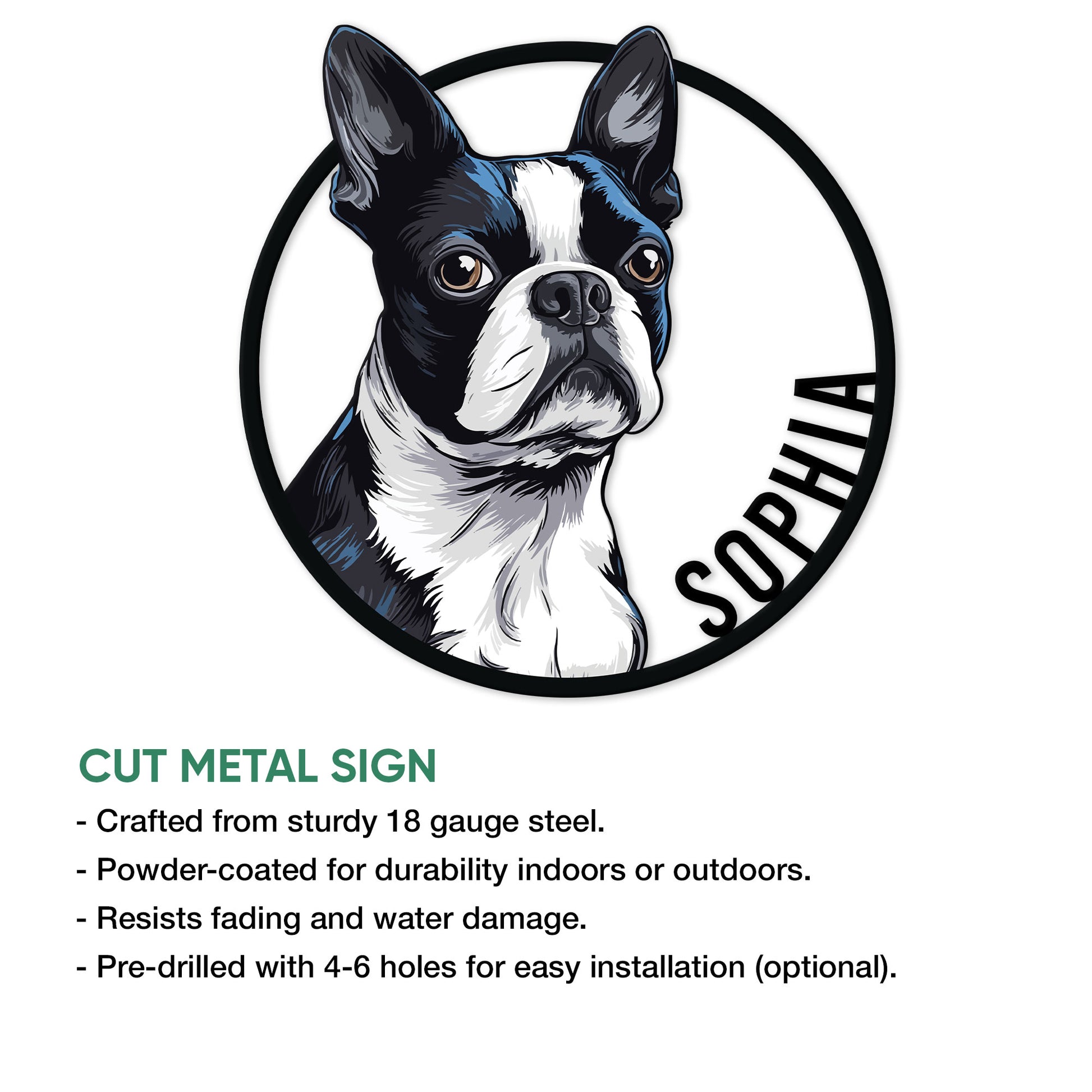 Boston Terrier cut metal sign feature graphic showing steel construction, powder coating, and optional mounting holes
