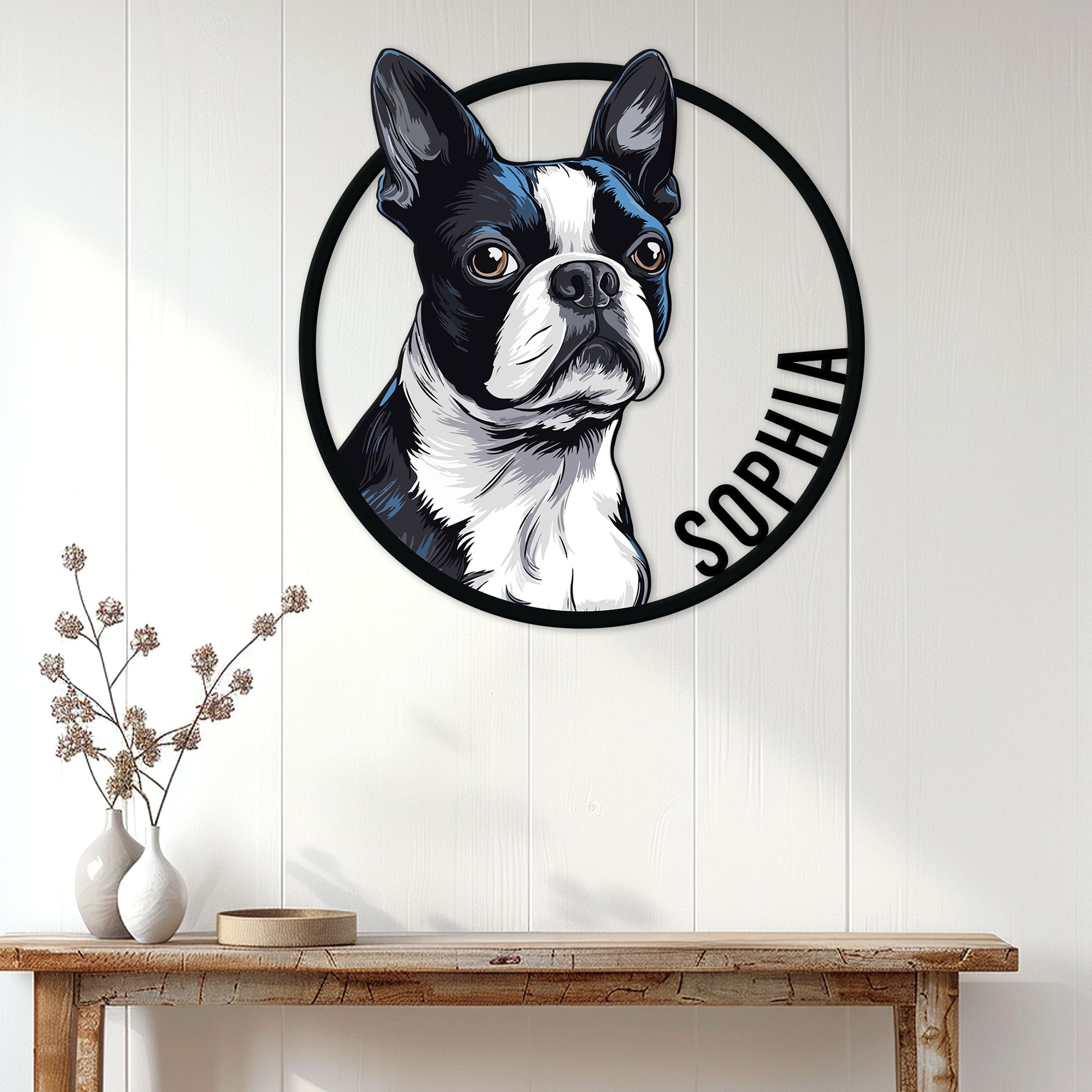 Boston Terrier metal sign displayed as wall decor above a console table in a bright home entryway