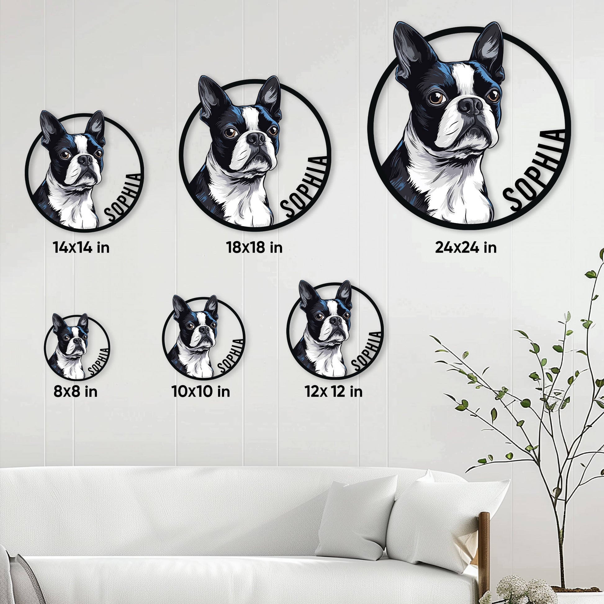 Boston Terrier metal sign size guide showing circular options from 8 by 8 inches through 24 by 24 inches
