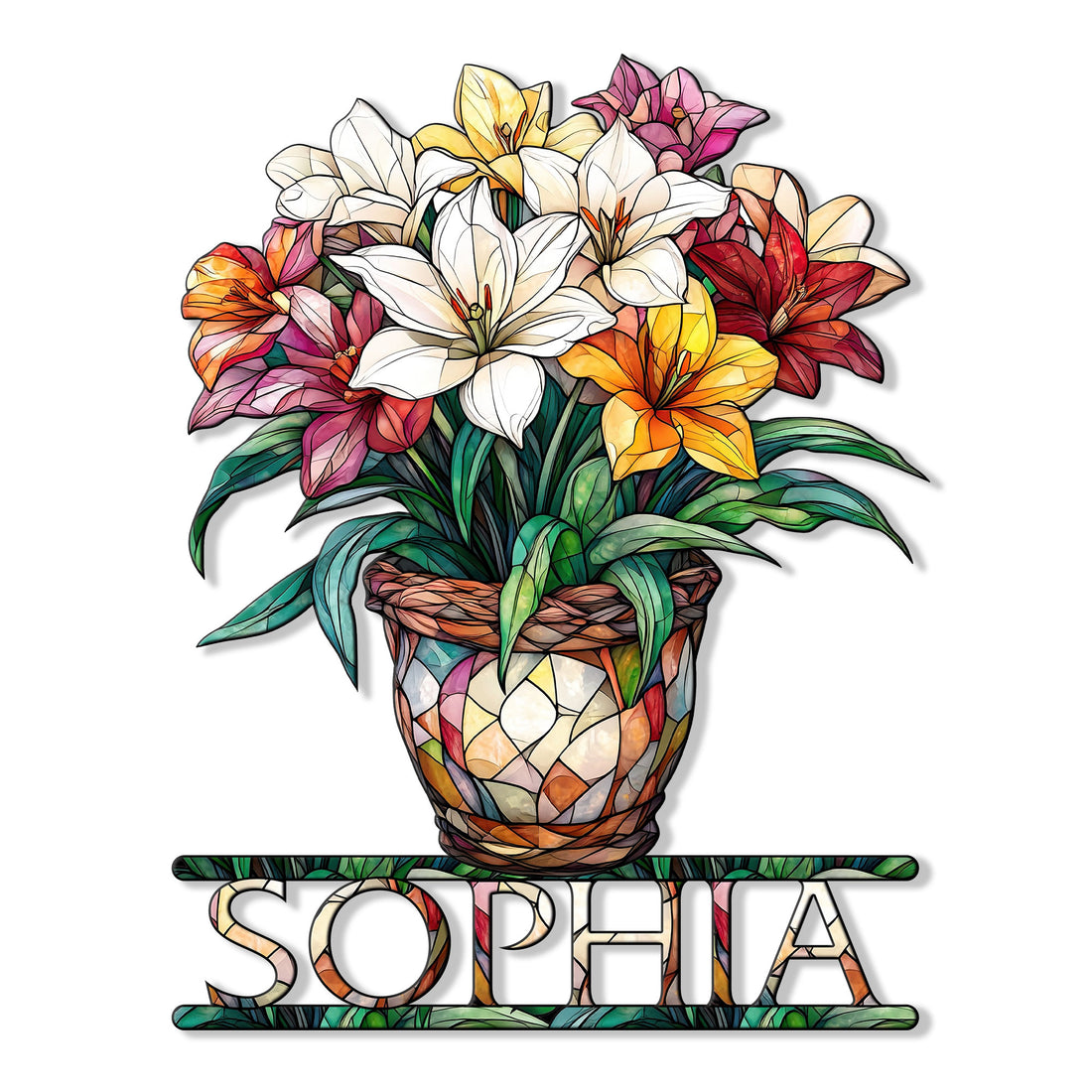 Colorful flower bouquet metal sign featuring lilies in a stained-glass style planter