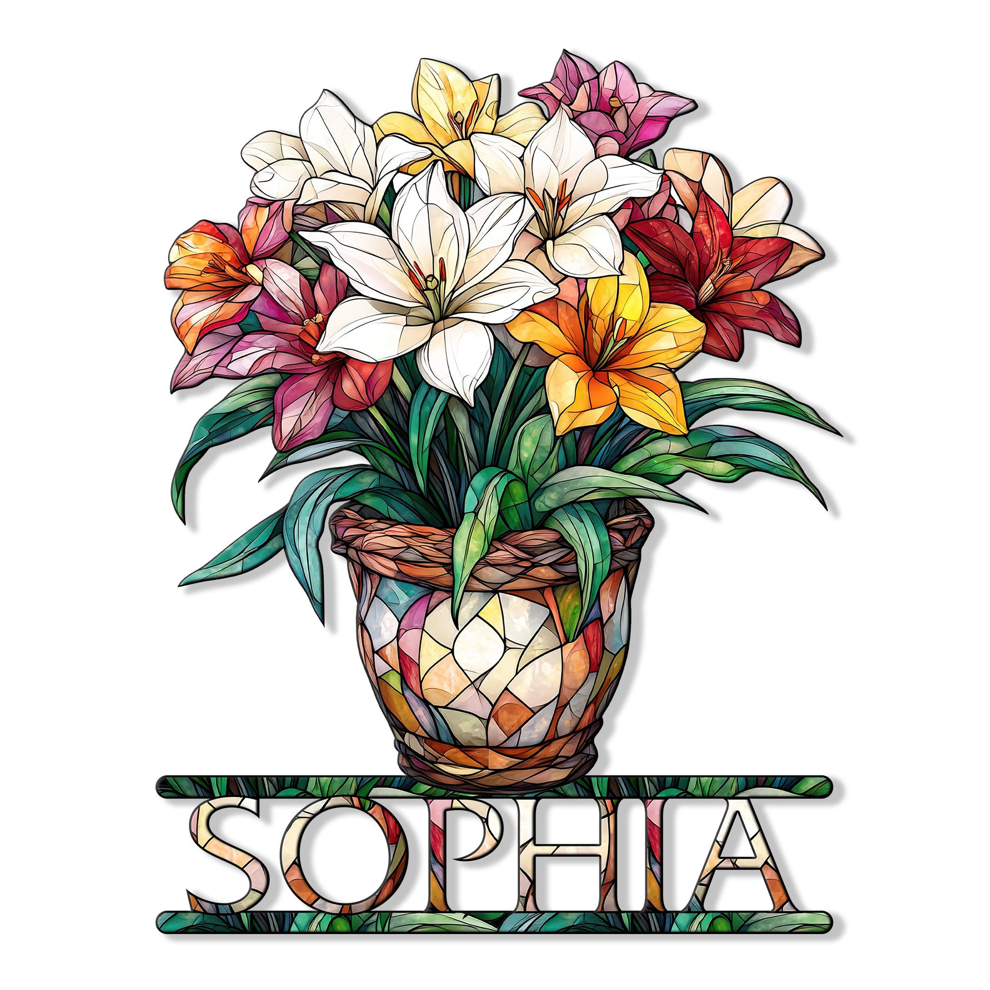 Colorful flower bouquet metal sign featuring lilies in a stained-glass style planter