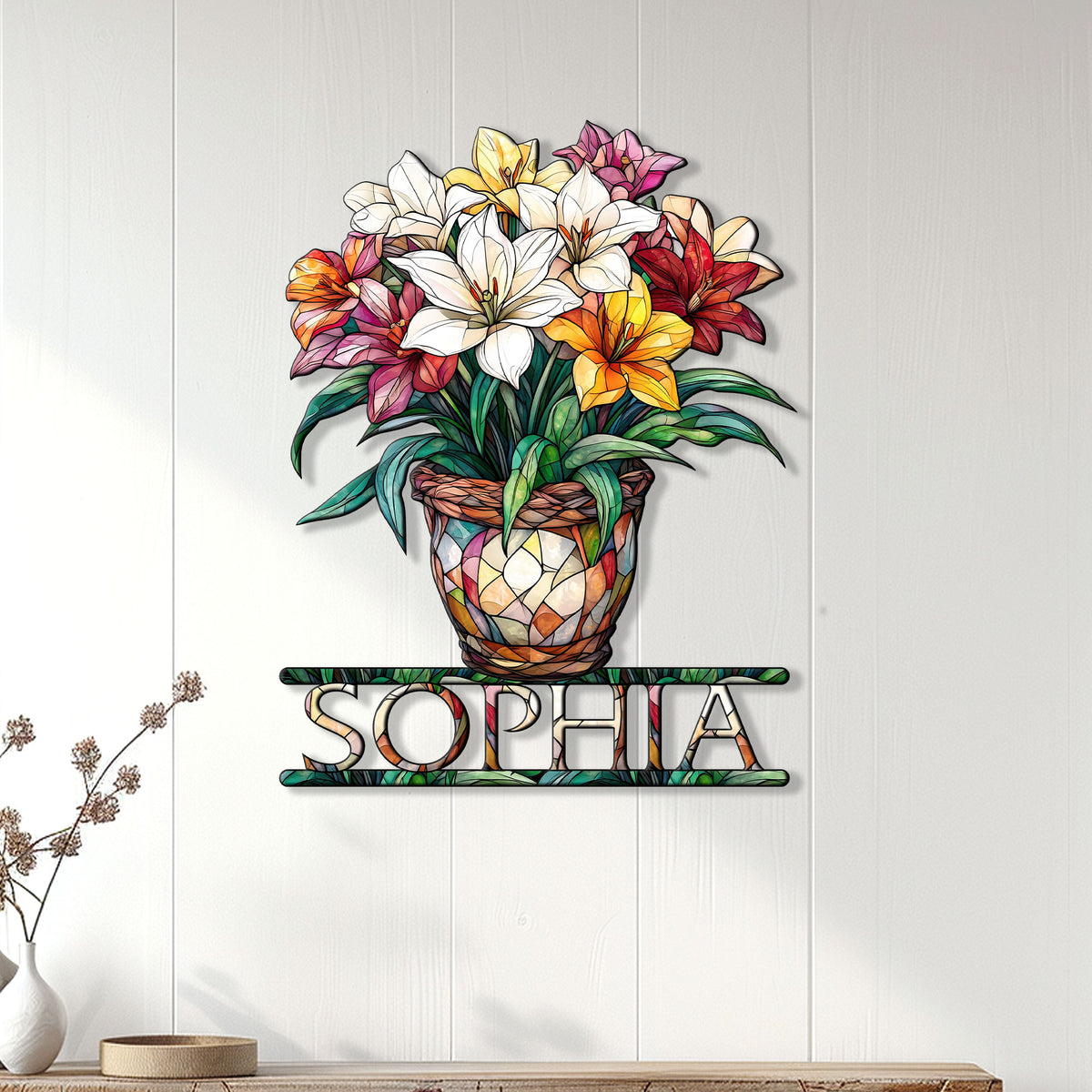 Colorful botanical flower metal sign displayed on a light paneled wall above a console