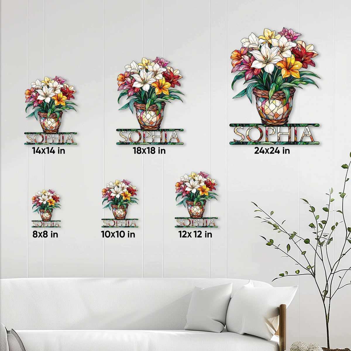 Flower bouquet metal sign size guide showing multiple available size options in a living room setting